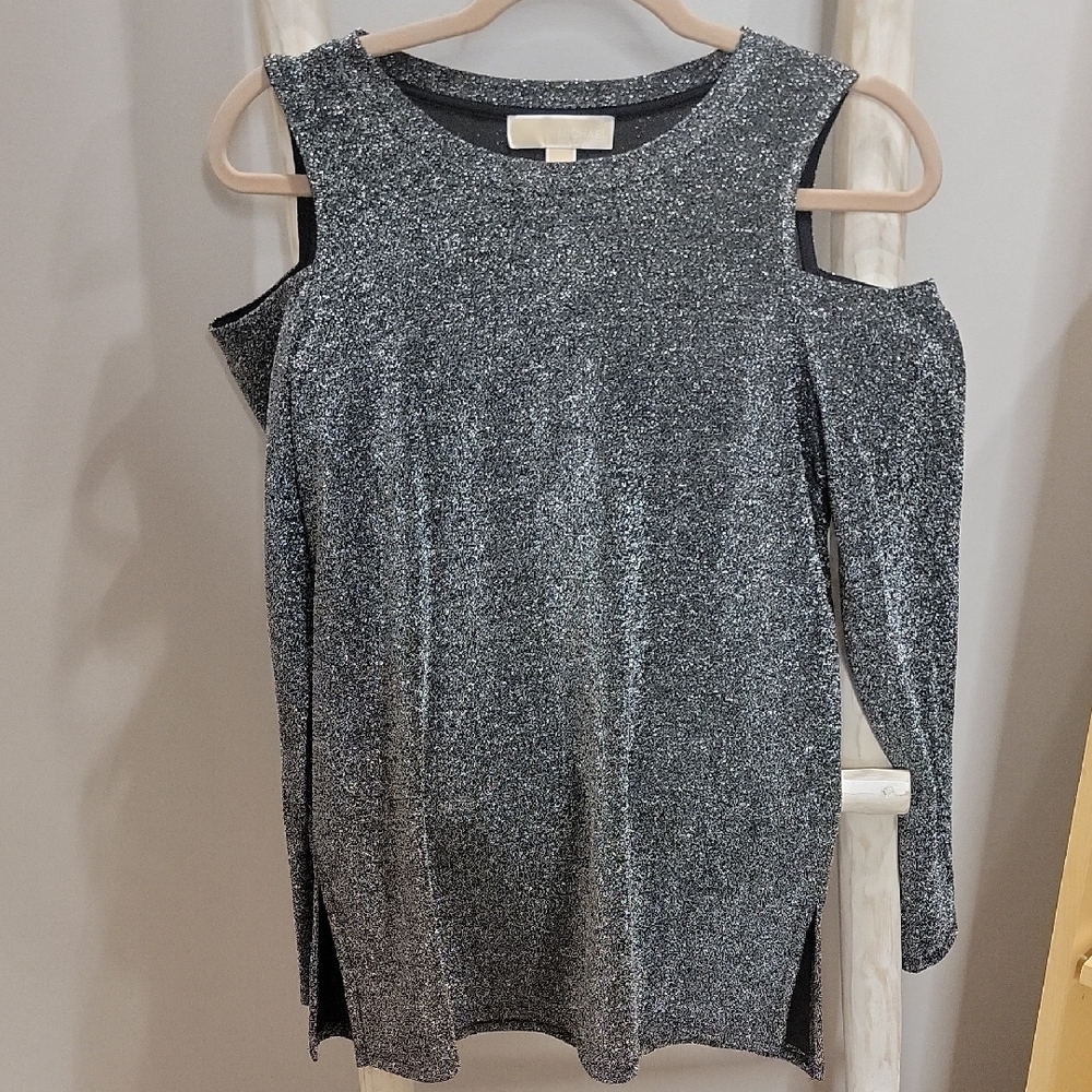Michael Kors Shimmering Silver/charcoal Cold Shoulder Top New With Tags